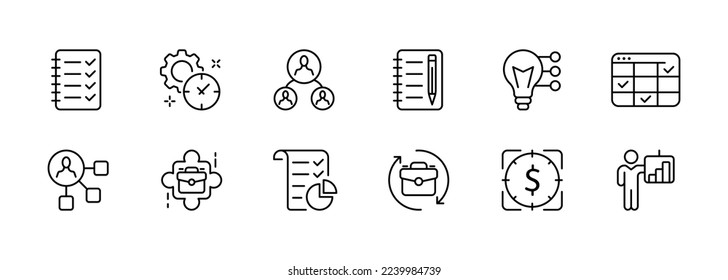 Business line icon. Clipboard, checkmark, hierarchy, lamp, idea, creativity, calendar, teamwork, workflow, target, portfolio, briefcase. Infographic concept. Vector line icon on white background