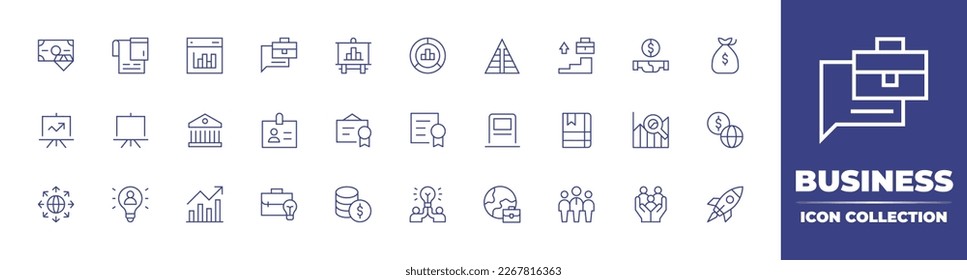 Colección de iconos de línea de negocio. Trazo editable. Ilustración vectorial. Conteniendo rico, contable, gráfico de barras, descripción de trabajo, tablero, estadísticas, pirámide, trayectoria profesional, trato, maleta, templo, insignia.