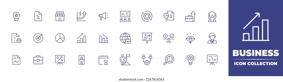 Business line icon collection. Editable stroke. Vector illustration. Containing achievement, tax, market, growth, marketing, presentation, update, report, professional, portfolio, target, pie chart.