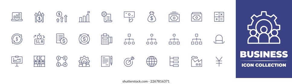 Business line icon collection. Editable stroke. Vector illustration. Containing bar chart, profit, goal, bill, money growth, money bag, money, math, money transfer, sla, price list, value chain.