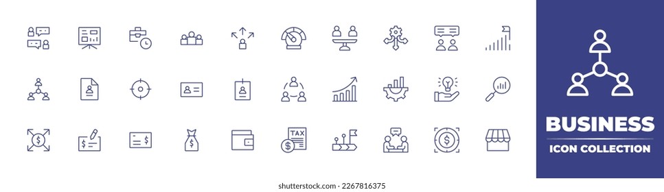 Business line icon collection. Editable stroke. Vector illustration. Containing communication, data analysis, working hours, team, oportunity, speedometer, usp, directions, consultant, success.