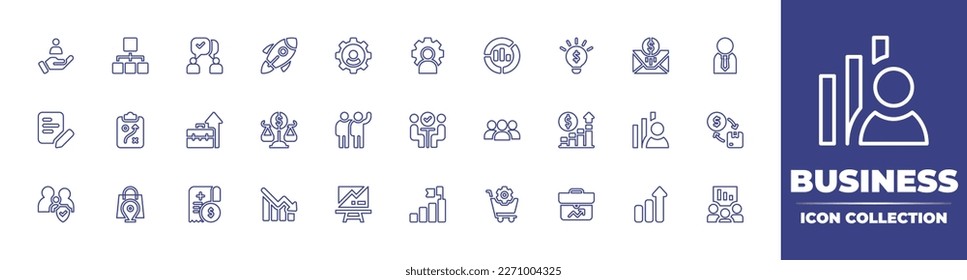 Business line icon collection. Editable stroke. Vector illustration. Containing value, hierarchical structure, communication, start up, settings, admin, market analysis, idea, send money, businessman.