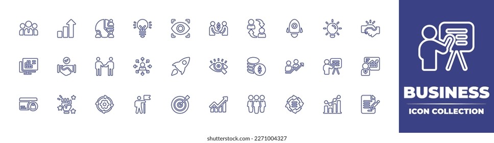 Business line icon collection. Editable stroke. Vector illustration. Containing user, principal, meeting, business chart, business presentation, solution, insurance, briefcase.
