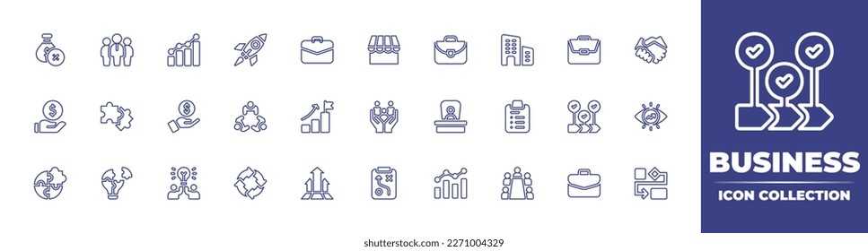 Business line icon collection. Editable stroke. Vector illustration. Containing coin, flexibility, teamwork, property, graphic progression, hand, planning, id card, ranking, pie chart, report.