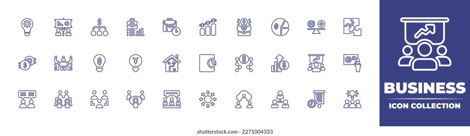 Business line icon collection. Editable stroke. Vector illustration. Containing teamwork, vision, leadership, analysis, approved, open book, forecast, bc, impact, justice, group, online business.