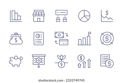 Business line icon collection. Editable stroke. Vector illustration. Containing bar chart, market, communication, pie chart, stock market, growth, tablet, payment, goal, value chain, money.