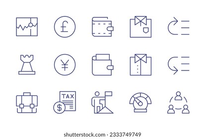 Business line icon collection. Editable stroke. Vector illustration. Containing stock market, round pound, wallet, shirt neck, high priority, chess tower, round yen, shirt, low priority, briefcase.