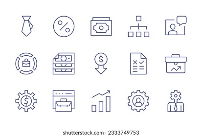 Business line icon collection. Editable stroke. Vector illustration. Containing tie, percentage, money, hierarchy, virtual assistant, business, cash, low price, business and finance, growth, business.