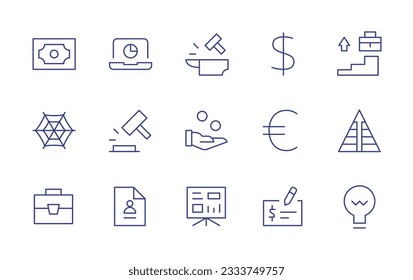 Colección de iconos de línea de negocio. Trazo editable. Ilustración vectorial. Con dinero, laptop, martillo, dólar de la moneda, carrera, red, ley, limosna, euro de la moneda, pirámide, cartera de documentos.