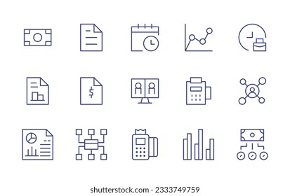 Business line icon collection. Editable stroke. Vector illustration. Containing money, document, deadline, line chart, working hours, business report, online meeting, pos terminal, connection, report.