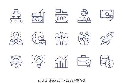 Business line icon collection. Editable stroke. Vector illustration. Containing project management, benefits, money, global, rich, partner, global-services, team-leader, family, rocket, expansion, use