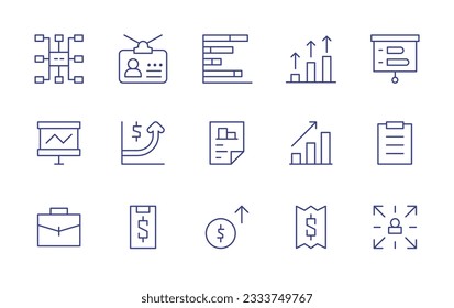 Business line icon collection. Editable stroke. Vector illustration. Containing mind map, id card, graphic, progress, statistics, presentation, growth, data analysis, clipboard, briefcase, online.