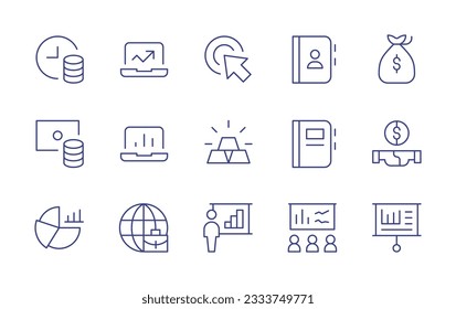 Business line icon collection. Editable stroke. Vector illustration. Containing money time, laptop, goal, contacts, suitcase, money coins, gold, deal, graph, international-business, business.