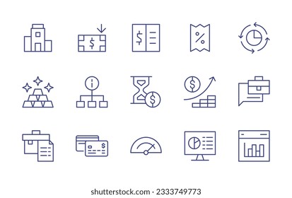 Colección de iconos de línea de negocio. Trazo editable. Ilustración vectorial. Conteniendo oficina, pérdida, libro de contabilidad, impuestos, gráfico circular, barra de oro, diagrama, tiempo es dinero, inversión, descripción de trabajo, cartera.