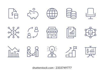 Business line icon collection. Editable stroke. Vector illustration. Containing budget, pig, globe, coins, office chair, viral-marketing, change, agency, business report, blockchain, trend, handshake.