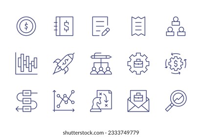 Colección de iconos de línea de negocio. Trazo editable. Ilustración vectorial. Conteniendo dinero, libro de contabilidad, contrato, factura, equipo, gráfico de barras, inicio, operación, trabajo, finanzas, flujo de trabajo, gráfico.