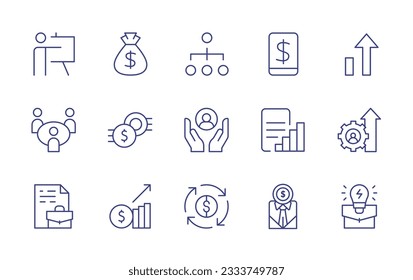Sammlung von Business Line-Symbolen. Bearbeitbarer Strich. Vektorgrafik. Enthält Präsentation, Geldbeutel, Hierarchie, Mobile Banking, Chart-Wachstum, Business-Meeting, Business, Pflege, Bericht, Rundschreiben.