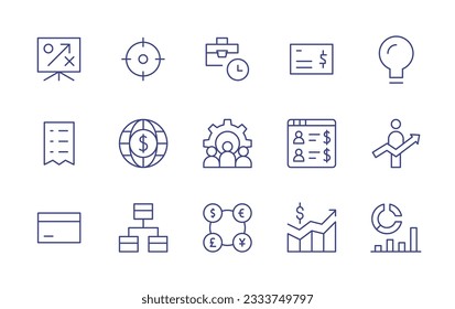 Colección de iconos de línea de negocio. Trazo editable. Ilustración vectorial. Contiene estrategia, objetivo, horas de trabajo, cheque, bulbo, recibo, economía, equipo, factura, carrera, tarjeta de crédito, diagrama.