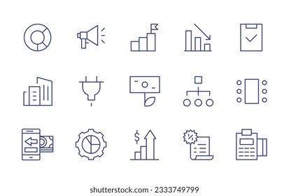 Colección de iconos de línea de negocio. Trazo editable. Ilustración vectorial. Conteniendo el organigrama, el marketing, el gol, la regresión, el portapapeles, la nueva construcción, el enchufe, el crecimiento del dinero, la jerarquía, la sala de conferencias.