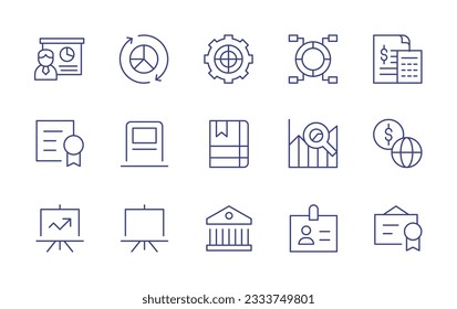 Business line icon collection. Editable stroke. Vector illustration. Containing presentation, pie chart, target, circular chart, calculator, award, atm, agenda, analytics, economy, board, temple.