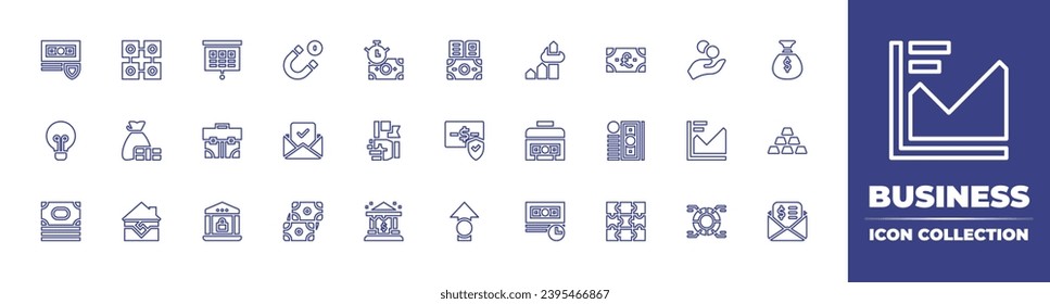 Business line icon collection. Editable stroke. Vector illustration. Containing money bag, ingots, receipt, magnet, approve, exchange, education, protection, growth, chart, bill, secure payment.