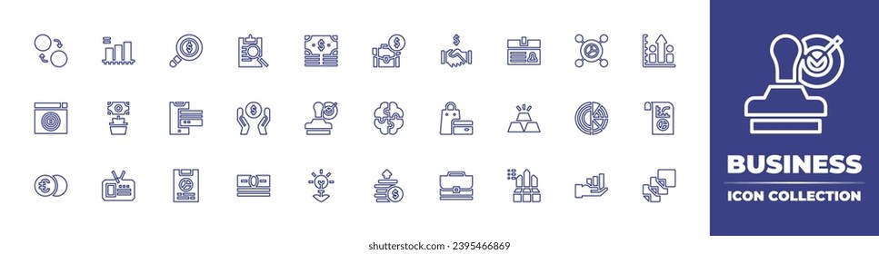 Business line icon collection. Editable stroke. Vector illustration. Containing exchange, analysis, money, website, euro, notes, rubber stamp, growth, dollar, partnership, shopping, briefcase, mobile.