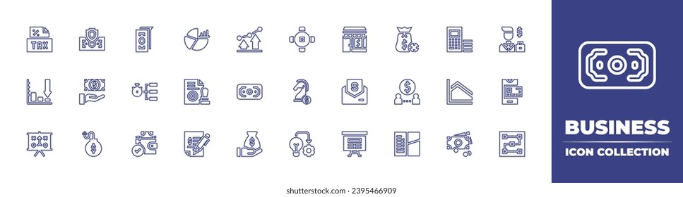 Business line icon collection. Editable stroke. Vector illustration. Containing stamp, contract, taxes, statistics, strategy, profits, money, money bag, graph, restaurant, letter, presentation, lease.