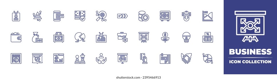 Business line icon collection. Editable stroke. Vector illustration. Containing money, pie chart, chess, business card, wallet, analytics, index, id card, support, deal, coins, expansion, safebox.