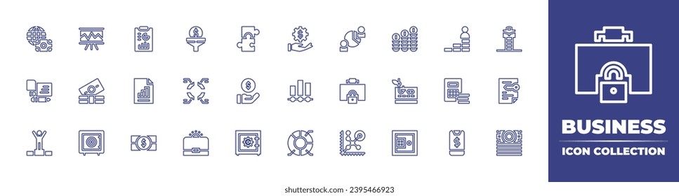 Business line icon collection. Editable stroke. Vector illustration. Containing filter, economy, check, winner, puzzle, payment, strongbox, safebox, bar chart, revenue, pie chart, calculator.