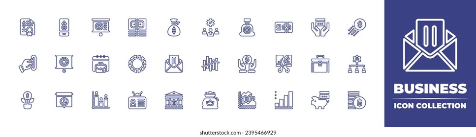 Business line icon collection. Editable stroke. Vector illustration. Containing notes, investment, payment method, growth, money bag, cheque, bank, statistics, briefcase, bar chart, digital, id card.