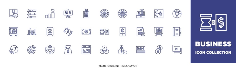 Business line icon collection. Editable stroke. Vector illustration. Containing pie chart, agenda, conversation, graphic, money exchange, money bag, coin, time is money, smartphone, package.