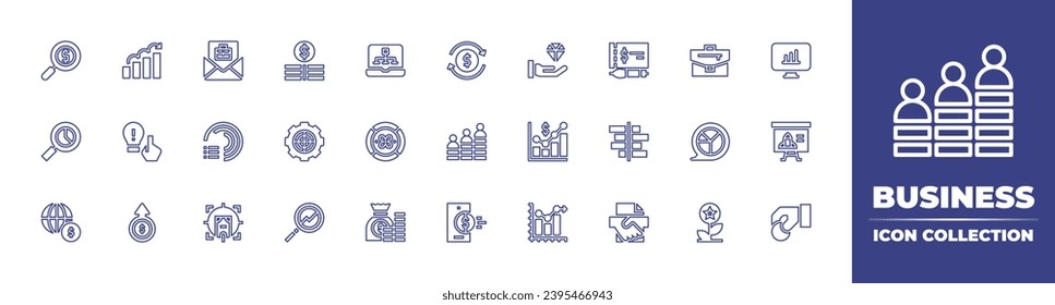 Business line icon collection. Editable stroke. Vector illustration. Containing coin, money, target, economy, magnifying glass, search, stats, diagram, currency, shake hands, online banking, diamond.