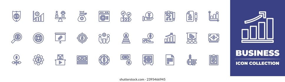 Business line icon collection. Editable stroke. Vector illustration. Containing report, money bag, price, growth, shield, search, safebox, website, meeting, money, coin, invoice, interest rate.