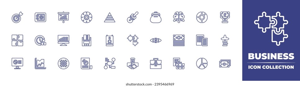 Sammlung von Business Line-Symbolen. Bearbeitbarer Strich. Vektorgrafik. Mit Rad, Zahlungsmethode, Kuchendiagramm, Investitionen, Wachstum, Geld, Ziel, Puzzle, Monitor, Geldbörse, Finanzen, Briefkasten.