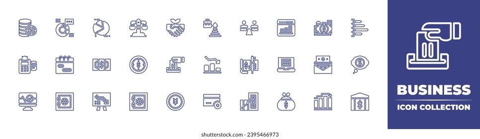 Business line icon collection. Editable stroke. Vector illustration. Containing bank, balance, bar graph, dream, coins, point of service, monitor, stability, cheque, bill, analytics, timeline.