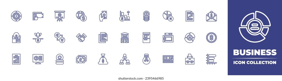 Business line icon collection. Editable stroke. Vector illustration. Containing taxes, dollar, horizontal, economy, deal, money, growth, bank, diagram, stack, atm, lightbulb, thinking, analytics.