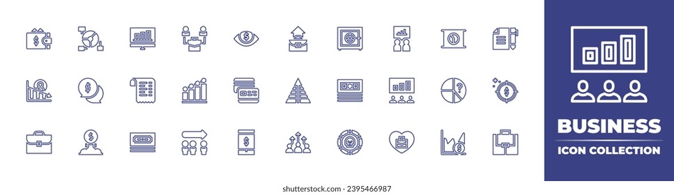 Business line icon collection. Editable stroke. Vector illustration. Containing contract, target, suitcase, purse, loss, briefcase, bar chart, leadership, increase, pyramid, hierarchy, coin, safe box.