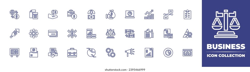 Business line icon collection. Editable stroke. Vector illustration. Containing clipboard, pyramid, briefcase, money flow, money bag, balance, currency, analytics, exchange, economy, marketing.