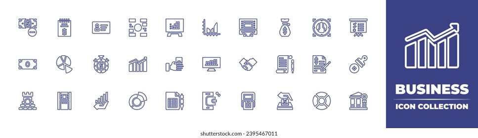 Business line icon collection. Editable stroke. Vector illustration. Containing dollar, tower, arrow, pie chart, graphs, organization, deal, currency, atm, money, pay, invoice, presentation, time.