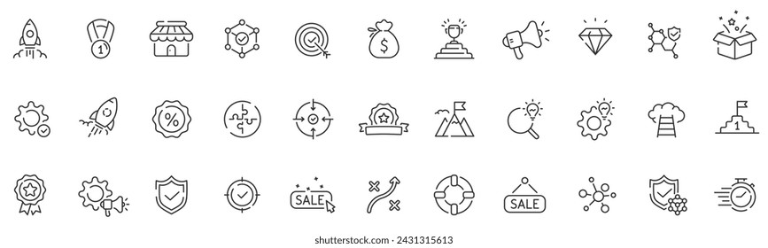 Business line icon collection. Money, payment, network, target, medal, sale etc. Editable stroke