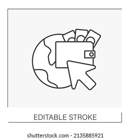  Business line icon. Cursor clicks on a digital wallet full of money. Global marketology. Marketing concept. Isolated vector illustration. Editable stroke