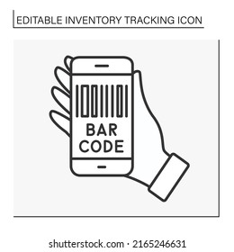  Business line icon. Fast barcode reader on smartphone. Digital code scanner. Inventory tracking concept. Isolated vector illustration. Editable stroke