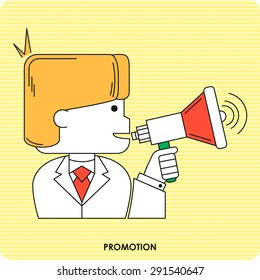 Business line icon with flat design element of promotion of information through loudspeaker, broadcasting and distribution, speech talking, develop marketing. Vector illustration.