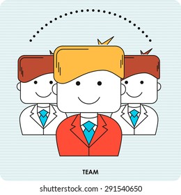 Business line icon with flat design element of teamwork organization, group of business people, corporate management, company successful workflow. Vector illustration.