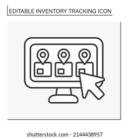  Business line icon. Parcels sent by computer. Checking cargo by barcode. Inventory tracking concept. Isolated vector illustration. Editable stroke