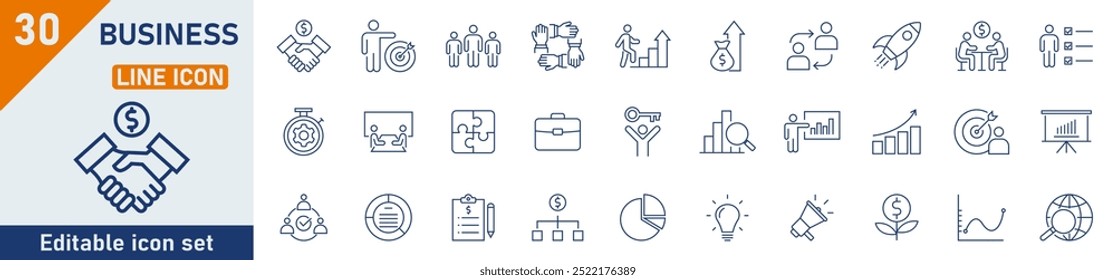 Conjunto de iconos de línea de negocio. Conjunto de 30 iconos de esquema relacionados con el equipo de negocios, reuniones, asociación, inicio, planificación, empresa, gestión, ganancias y otros. Ilustración vectorial.