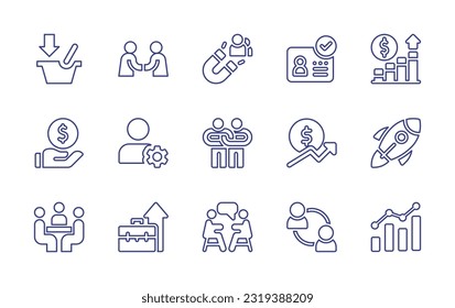 Business line icon set. Editable stroke. Vector illustration. Containing add to cart, agreement, attract customers, id, graph, loan, profile, relationship, growth, start up, meeting, professional.