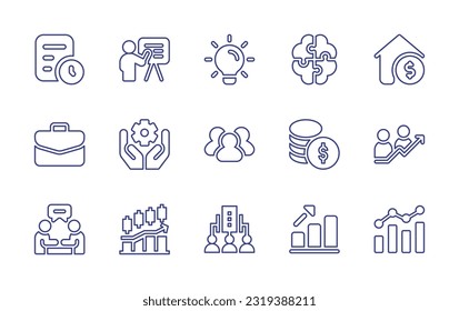 Business line icon set. Editable stroke. Vector illustration. Containing project plan, presentation, lamp, puzzle, home value, briefcase, corporate, group, money, increase, interview, stock market.