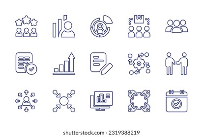 Business line icon set. Editable stroke. Vector illustration. Containing team, business analyst, skills, consumer, audience, accept, benefits, paper, impact, relationship, opportunity, centralized.