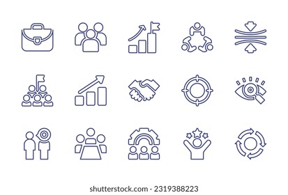 Conjunto de iconos de línea de negocio. Trazo editable. Ilustración vectorial. Conteniendo maletín, grupo, objetivo, reunión, resiliencia, gráfico de crecimiento, apretón de manos, objetivo, visión, negocios, reunión de negocios, equipo, éxito